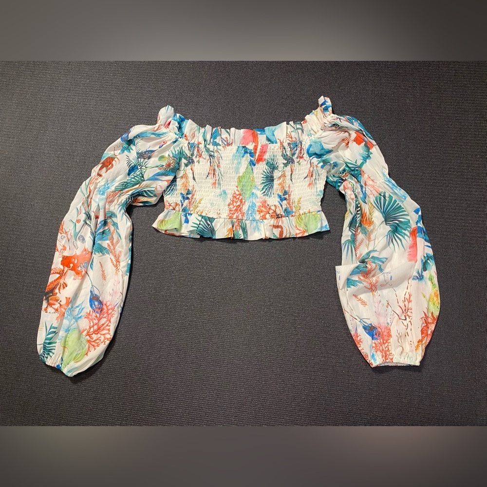 New L’ATISTE By Amy Off the Shoulder Floral Crop Top Balloon Sleeves Boho Large